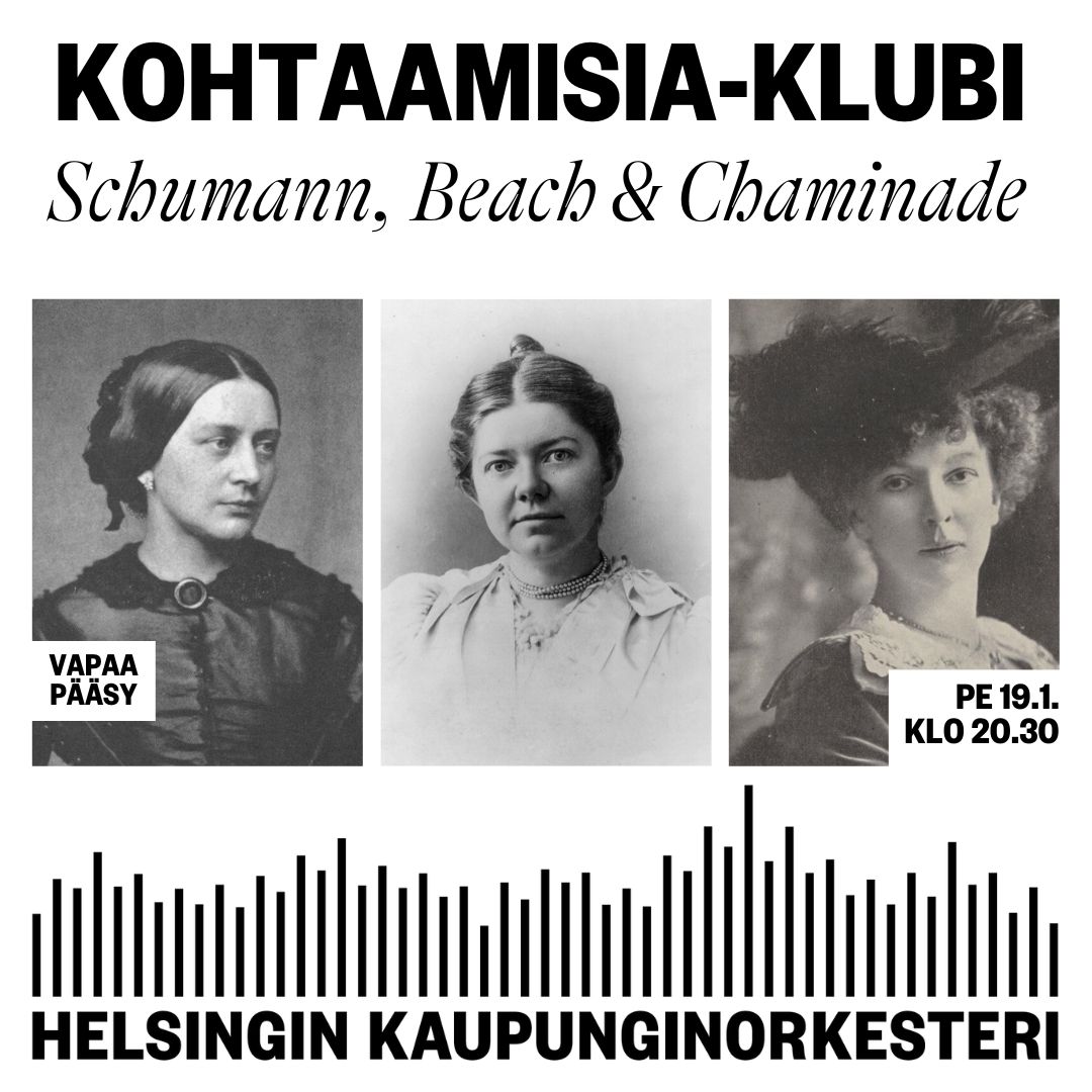 Amerikkalainen Amy Beach ja ranskalainen Cecile Chaminade olivat molemmat Clara Schumannin tapaan paitsi säveltäjiä myös erinomaisia pianisteja. Tervetuloa Kohtaamisia-klubille Musiikkitalon Päälämpiöön pe 19.1. klo 20.30 alkaen. #vapaapääsy Lue lisää: helsinginkaupunginorkesteri.fi/fi/konsertit/k…