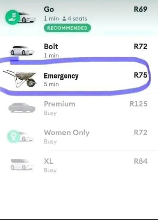 Andile_Mapson's tweet photo. Not Bolt have a Wheelbarrow option 😂😂😭 https://t.co/aPQDO2ahkQ
