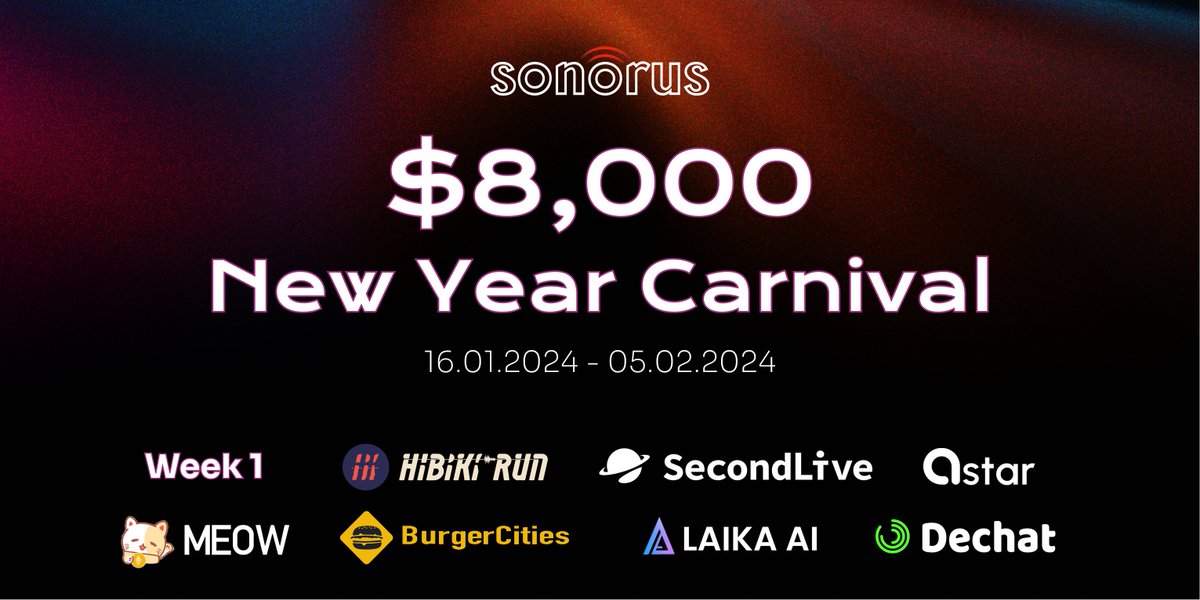 SonorusOfficial's tweet photo. 🎉Kick off the year with a BANG at the Sonorus New Year Carnival! 🚀

🎡 Join the 3-week celebration of innovation, joy, and endless rewards! Dive into 20+ projects, win a piece of the 100,000 $SNS & $4,000 equivalent rewards, NFTs, whitelists, tokens from our partners @SecondLiveReal @Laika_ai @BurgerCitiesBar @HibikiRunTeam @0xMeowProtocol @dechat_io @star_protocol 

🔗 https://t.co/zo2upMGDXP

🎈it's a party for EVERYONE! Mark your calendars from Jan 16 to Feb 5 and let's create memories together!