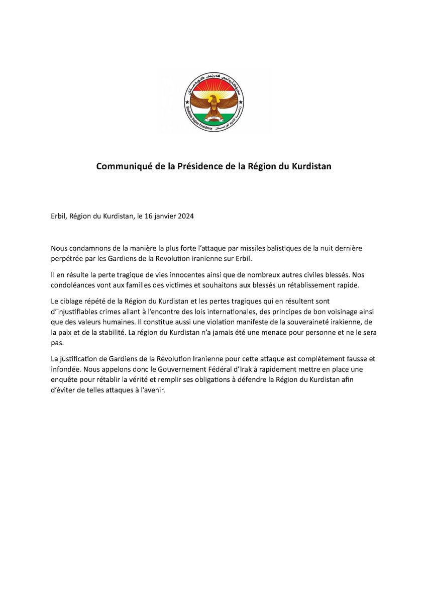 KrgFrance's tweet photo. Communiqué de la Présidence de la Région du Kurdistan (@KurdistanRegion) concernant l'attaque iranienne sur #Erbil /#Hewler  ayant tué 4 civiles (dont une enfant de moins d'un an) et blessé 17 autres; bilan provisoire. https://t.co/mwEcEd0wZh