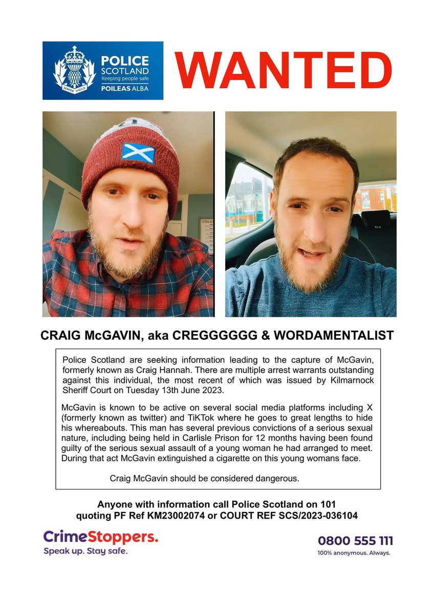 Paul Lyons 🏴 (@paullyons82) on Twitter photo This abuser is still on the loose, the Police raided a house over the Christmas period to try and arrest him but he managed to avoid capture. If you know his whereabouts contact Police Scotland at Kilmarnock <a href="/Daily_Record/">The Daily Record</a> <a href="/irvinetimes/">Irvine Times</a> <a href="/wordamentalist/">wordamentalist</a> #craigmcgavin #craighannah This abuser is still on the loose, the Police raided a house over the Christmas period to try and arrest him but he managed to avoid capture. If you know his whereabouts contact Police Scotland at Kilmarnock <a href="/Daily_Record/">The Daily Record</a> <a href="/irvinetimes/">Irvine Times</a> <a href="/wordamentalist/">wordamentalist</a> #craigmcgavin #craighannah