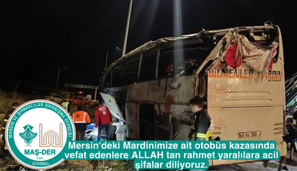 Mersinde Mardinimize ait otobüs kazasında vefat edenlere ALLAH tan rahmet yaralılara acil şifalar diliyoruz.
Tüm hemşehrilerimize geçmiş olsun dileklerimizi iletiyoruz.
#Mardin #Mersin