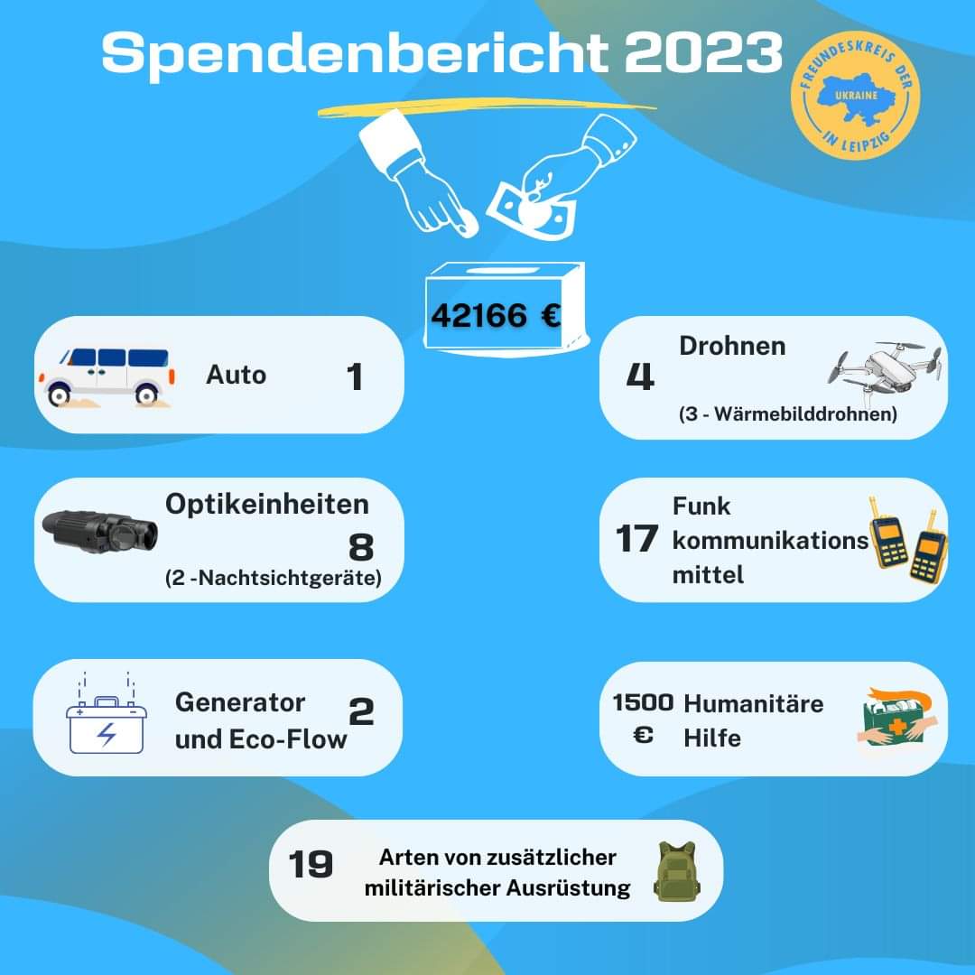 Unser Spendenbericht von 2023:
Danke an alle Spender die es uns ermöglicht haben, die Menschen in der #Ukraine bei ihrem Freiheitskampf zu unterstützen!

Gemeinsam zum Sieg!🇺🇦

#standwithukraine #SlavaUkraini
#PutinWarCriminal #Freiheit