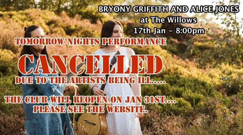 Unfortunately we've had to cancel tomorrow night's #WESSELBOBS gig at The Willows Folk Club, Wrea Green - Wednesday 17th January. Hopefully we'll be able to reschedule another date in the future. @BryonyGriffith #folk #folkmusic #folksong #traditionalmusic #yorkshirefolkmusic