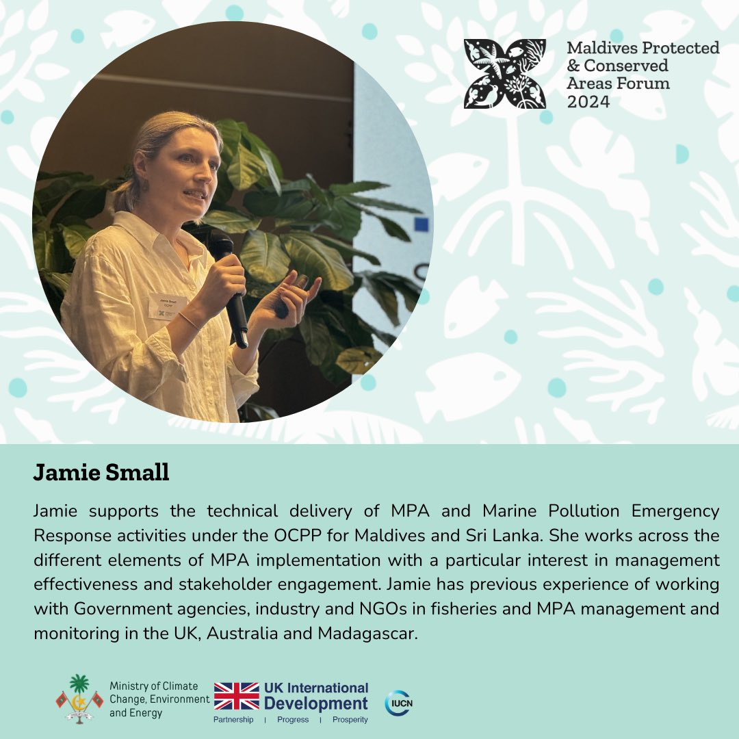 pcamaldives's tweet photo. Session on PCA Management was presented by Mariyam Rifga (MoCCEE), Dr Sarah Allison (MMO) & Jamie Small from (JNCC), on behalf of OCPP. #MPCAF24 https://t.co/rZoSCpUKmD