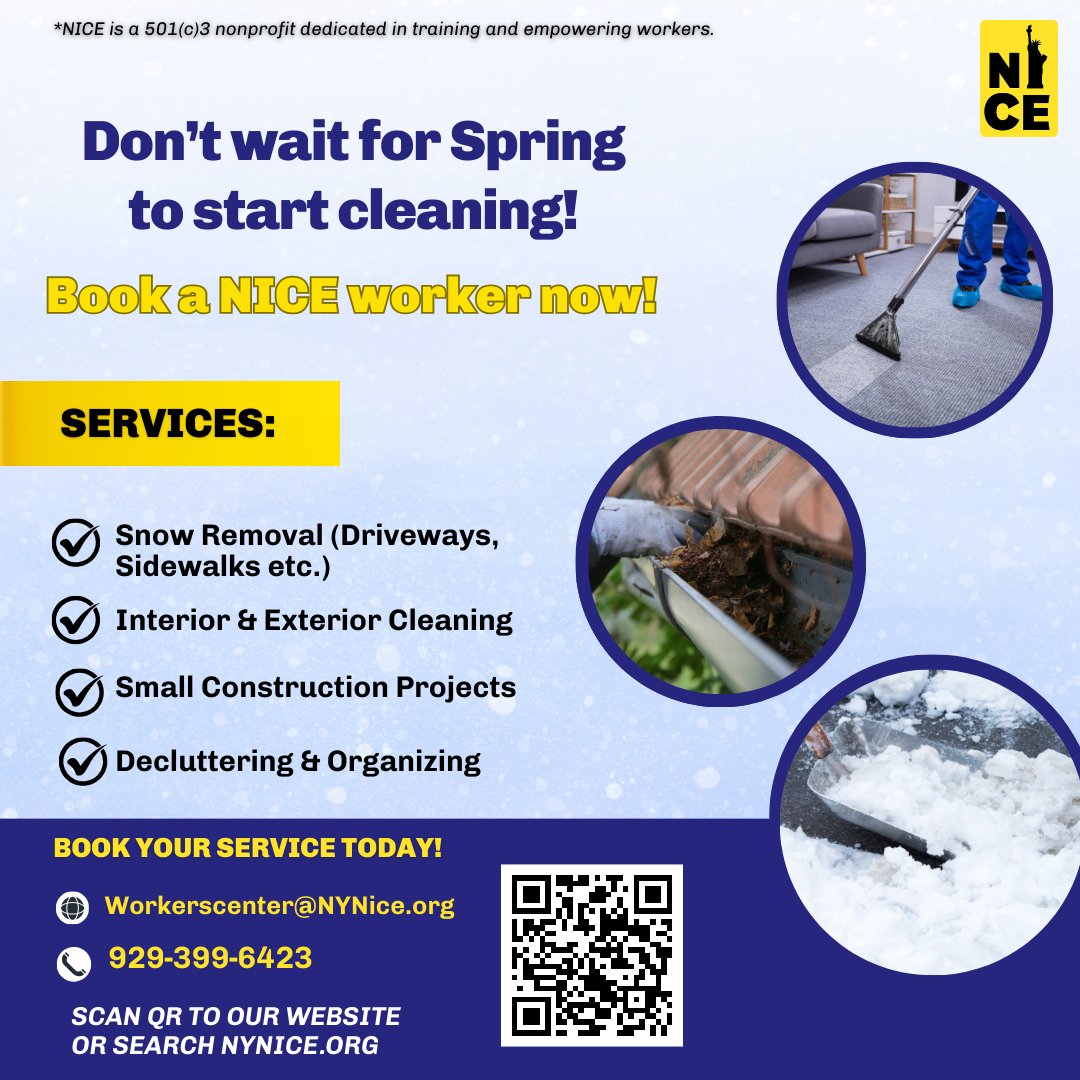 NICE4Workers's tweet photo. Snow❄️❄️is here. Contact @NICE4Workers for top-notch #NICESnowCleanup professionals for driveways, sidewalks, residential, and commercial in #Queens and across #NYC! Let's make the snowfall a breeze!❄️ https://t.co/XlG3LH46l2