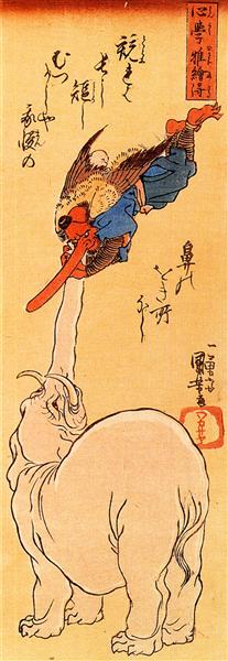 Elephant catching a flying tengu, by Utagawa Kuniyoshi.