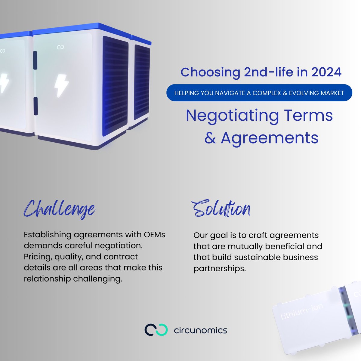 circunomics's tweet photo. The #energyindustry faces many challenges in #2024 as they transition towards 2nd-life battery usage.🔋We provide solutions through our innovative &amp; intelligent platform. 💥 Challenge #3: Negotiating Terms &amp; Agreements

#circulareconomy #reuse#sustainability #energytransition https://t.co/TLWVsok52r