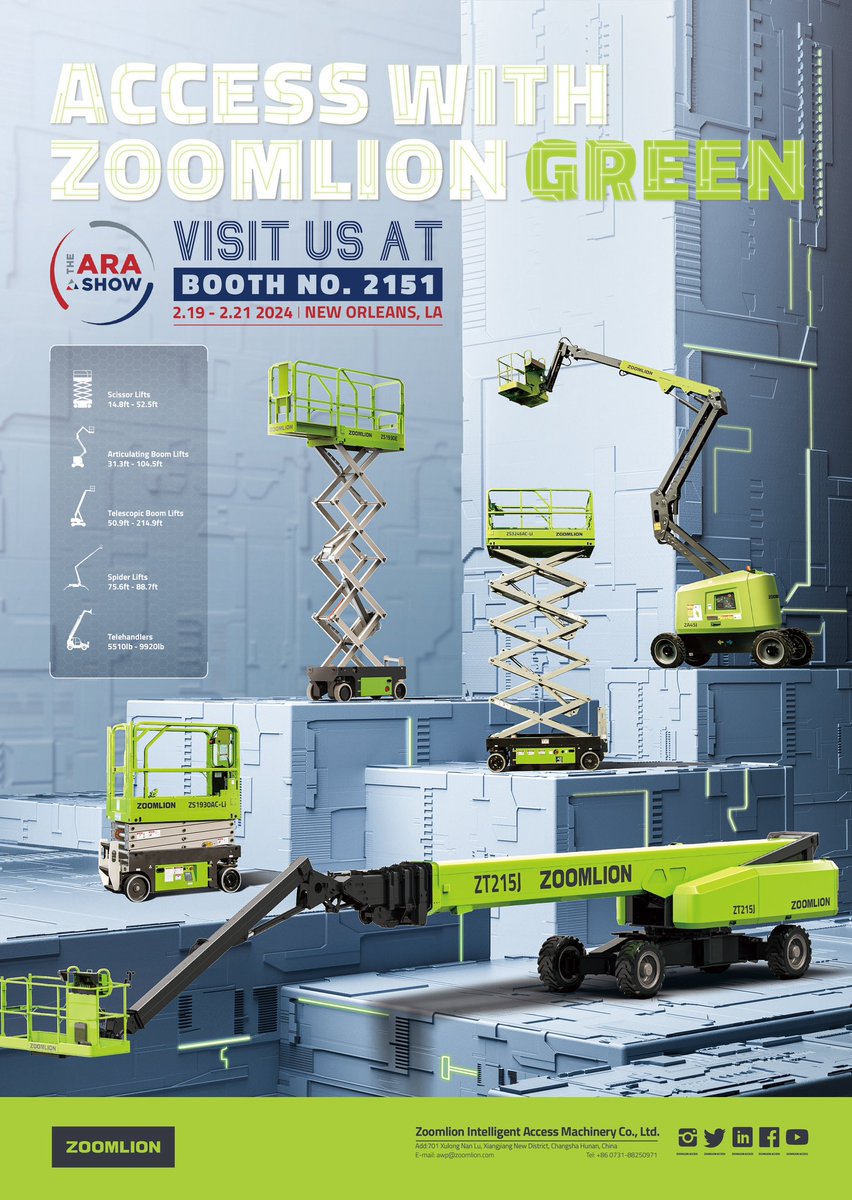 🚀✨ Join us at the #ARASHOW 2024 in New Orleans, LA, from February 19th to February 21st! 🏗 Explore the latest innovations from #ZOOMLIONACCESS at Booth 2151. Discover cutting-edge solutions and elevate your projects with our top-notch machinery.