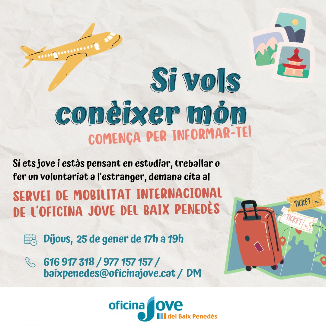 " NOVA DATA DEL SERVEI DE MOBILITAT INTERNACIONAL✈
 
Si vols d'assessorament i orientació sobre voluntariat, treball o estudis a l'estranger, demana cita a l'OJ, trucant al 977.15.71.57 / whatsApp al 616.91.73.18 / o DM a instagram📲