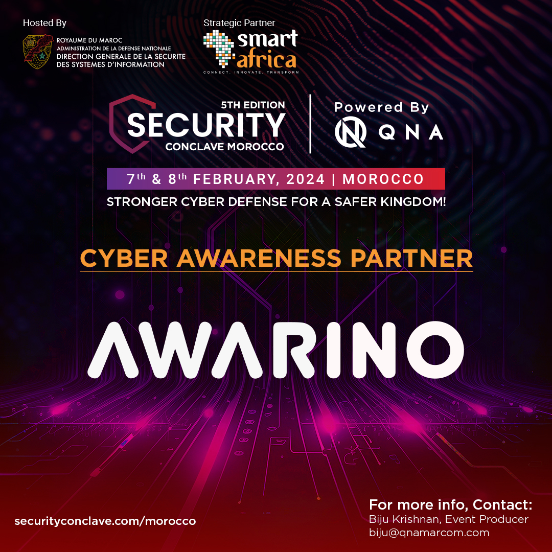 qna_marcom's tweet photo. We are pleased to announce @Aware_Ino as 'Cyber Awareness Partner' of 5th Security Conclave Morocco, hosted by DGSSI in Strategic Partnership with @RealSmartAfrica, on 7th & 8th Feb, 2024 in Rabat, Morocco.
#SecurityConclave #cloudsecurity #CyberThreats #ThreatIntelligence https://t.co/xSxi8OlI2T