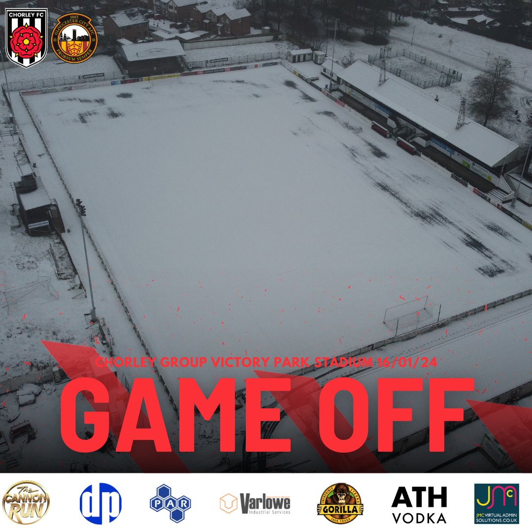 chorleyfc's tweet photo. Following this morning’s pitch inspection, today’s match vs @GCAFCofficial has been postponed due to unplayable conditions with two inches of heavy snowfall and the pitch being frozen underneath covering that was put in place.

Full details &amp; info here ⬇️
https://t.co/0CT84pqIj3 https://t.co/NWSrxdDFuB