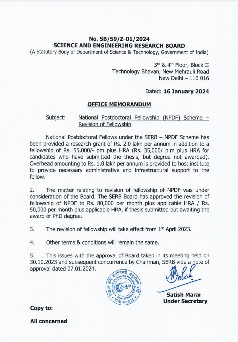 @serbonline is delighted to announce enhancement of National Post-doctoral Fellowship from existing ₹55000 pm to ₹80000 pm plus applicable HRA. The revision will be effective restrospectively from 1st Apr 2023 @PMOIndia @DrJitendraSingh @karandi65 @guptaakhilesh63 @IndiaDST