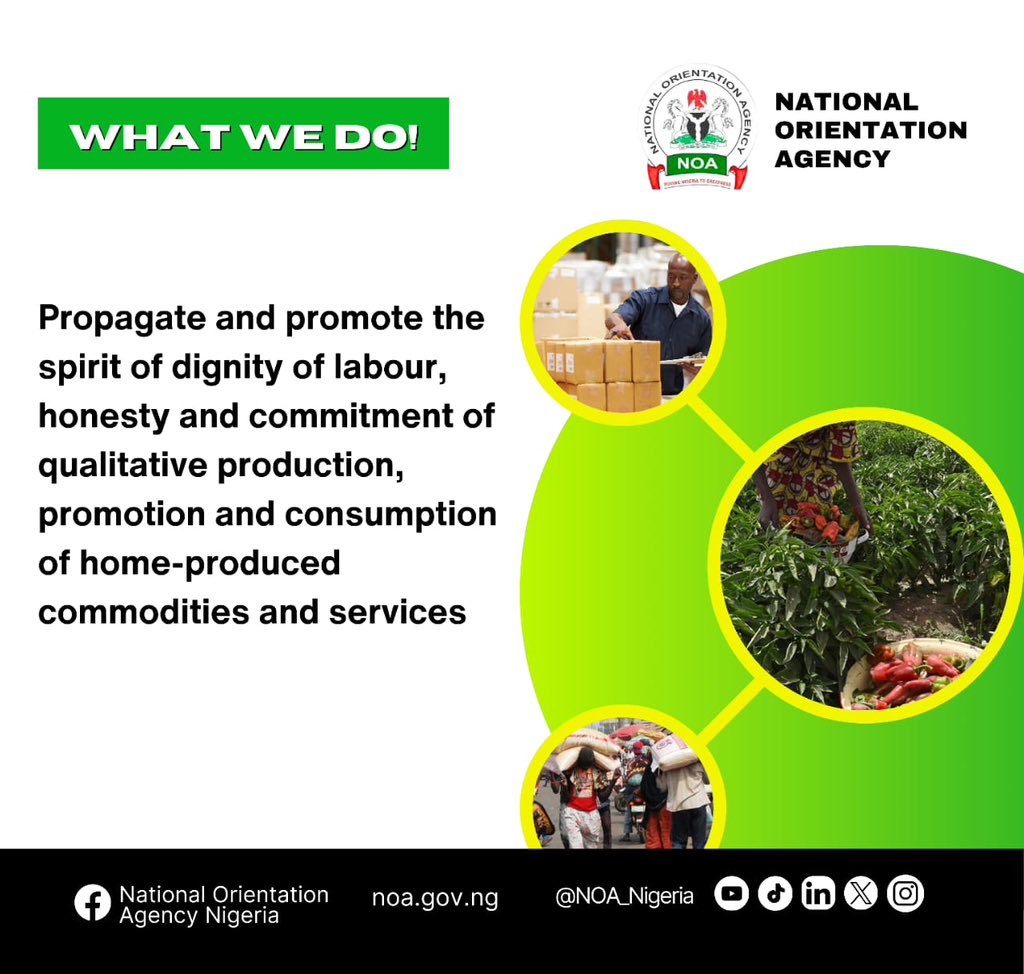 Part of NOA’s mandate is to promote honesty, dignity of labour and commitment to qualitative production, promotion and consumption of home made goods and services.

Together, we will build a stronger, more United Nigeria.

#NOA 
#NOANigeria
#whatwedo 
#citizensrights