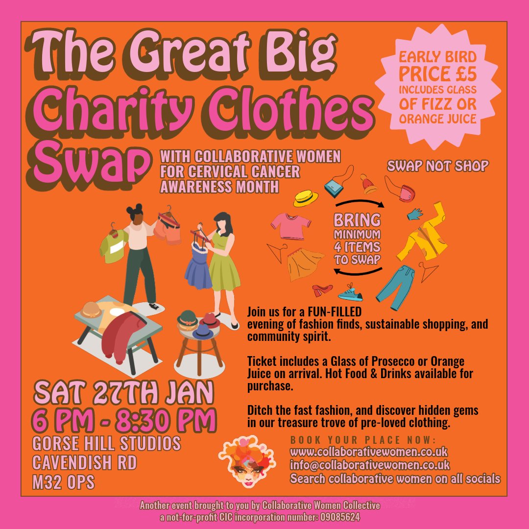 11 Days To Go!!! Swap your unwanted styles for something fresh at our charity clothes swap. Proceeds to be split between CW &amp; Jo's Cervical Cancer Trust.
Get your tickets before they're gone! tinyurl.com/3b6reddc
or message us to reserve your ticket and pay on the night