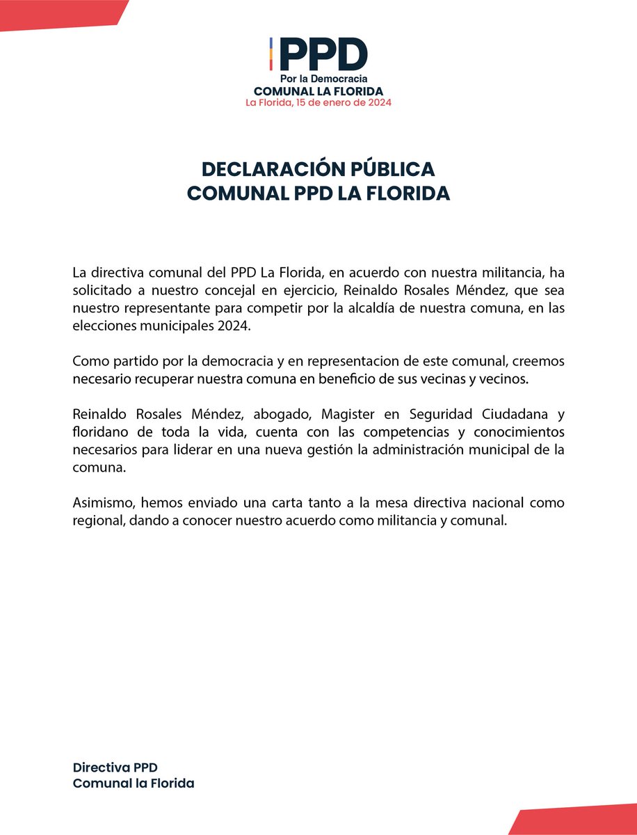 LaFloridaPPD's tweet photo. [DECLARACIÓN PÚBLICA]

Como Comunal @PPD_Chile de #LaFlorida, respaldamos con entusiasmo a @Rei_Rosales como nuestro representante para la alcaldía en las municipales 2024. Su dedicación y compromiso son fundamentales para construir un futuro sólido en nuestra comuna. https://t.co/SJ6IGoztkU