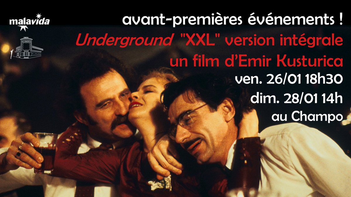 2 #avantpremières événements au #Champo à Paris de la version intégrale inédite 'XXL' d'#Underground d'#EmirKusturica!

ven. 26/01->18h30: 1ère partie/21h20: 2e partie
dim. 28/01->14h: 1ère partie/16h50: 2e partie

Dès le 31/01, la version de 2h47 vous y attendra tous les jours!