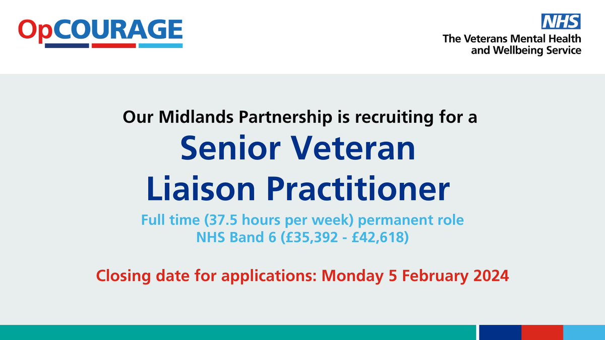 We’re recruiting for a Senior Veteran Liaison Practitioner to join our #MidlandsOpCourage partnership. This is a region-wide post covering Lincolnshire, Nottinghamshire, Derbyshire, Leicestershire, Rutland and Northamptonshire. Learn more at: bit.ly/3SjAuXL #OpCourage
