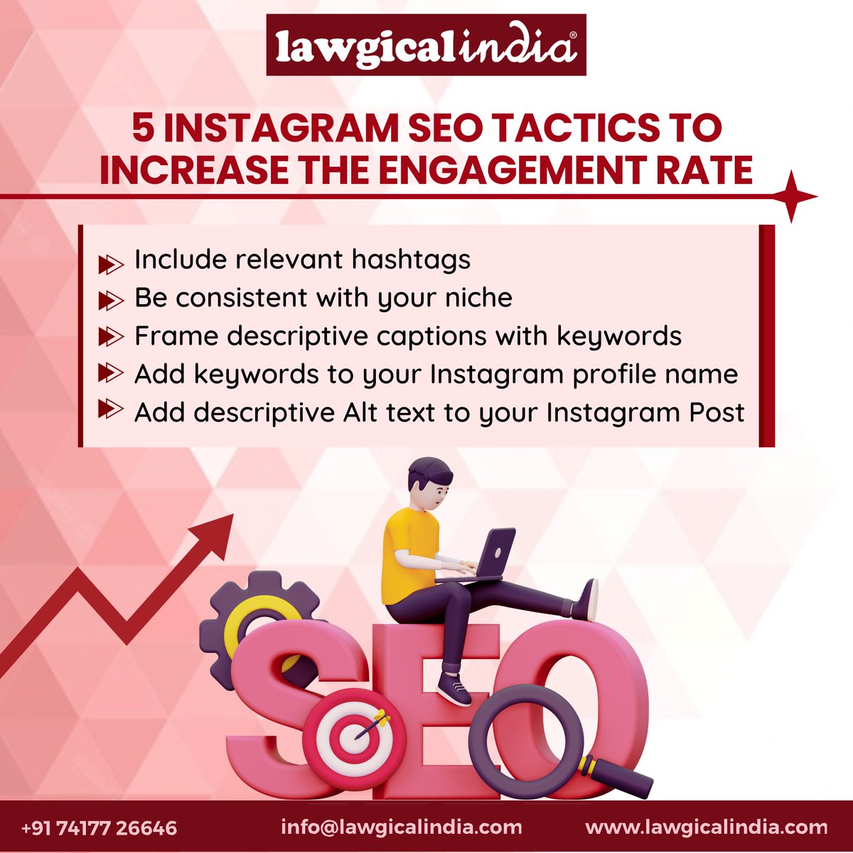 Attract a better engagement rate with effective digital marketing techniques by the experts of LawgicalIndia. With us, you can have other services such as MSME registration, GST registration and beyond.
#instagram #socialmediamanagement #engagementstrategies #engagementstrategies