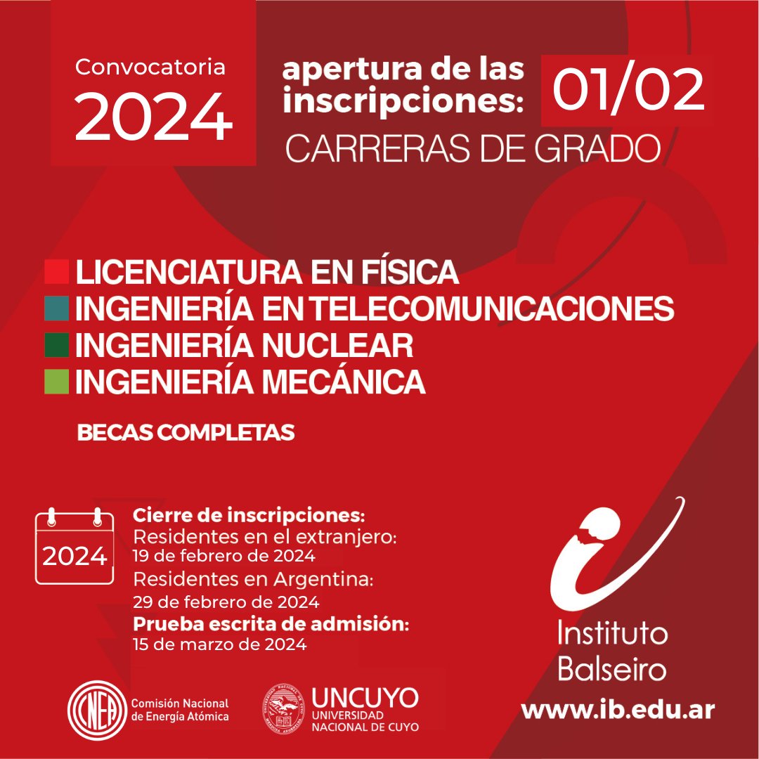 🔎Estamos buscando a los y las profesionales de física e ingeniería del futuro. 🌐 linktr.ee/ingresobalseiro

🎯 Recibí más información sobre el ingreso 2024 suscribite en bit.ly/ingreso24email

📌 Nuestra web ib.edu.ar
<a href="/CNEA_Arg/">Comisión Nacional de Energía Atómica</a> <a href="/UNCUYO/">UNCUYO</a>
