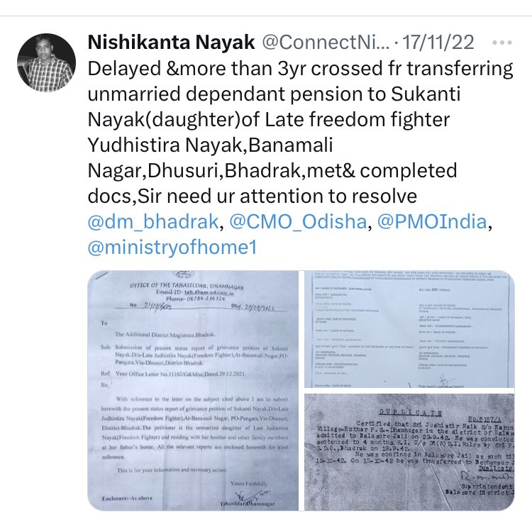 ConnectNishi's tweet photo. Delayed &amp;4yr crossed to get dependent pension to Sukanti Nayak(UM daughter) of Late Freedom fighter Yudhisthira Nayak, Banamali Nagar, Dhusuri,Bhadrak. Poor response from DM Bhadrak,Delayed action against grievance@ Secretariat on 13thFeb’23.@MoSarkar5T @DM_Bhadrak @CMO_Odisha https://t.co/hpCLj3RmaY