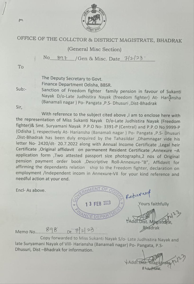 ConnectNishi's tweet photo. Delayed &amp;4yr crossed to get dependent pension to Sukanti Nayak(UM daughter) of Late Freedom fighter Yudhisthira Nayak, Banamali Nagar, Dhusuri,Bhadrak. Poor response from DM Bhadrak,Delayed action against grievance@ Secretariat on 13thFeb’23.@MoSarkar5T @DM_Bhadrak @CMO_Odisha https://t.co/hpCLj3RmaY