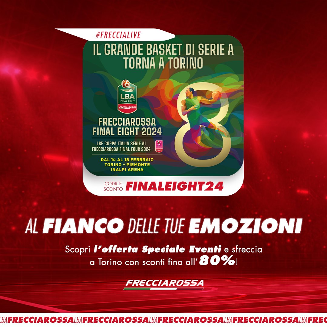 Frecciarossa_IT's tweet photo. Meno di un mese alla #LBAFrecciarossaF8 2024! 🏀 Approfitta dell’offerta #SpecialeEventi per raggiungere l’inalpi Arena di Torino: con il codice FINALEIGHT24 viaggi con le Frecce con sconti fino all’80% 👉 https://t.co/5mfRMNQSSE @LegaBasketA #TifaConFrecciarossa #LBAF82024 https://t.co/kJn7OolmiQ