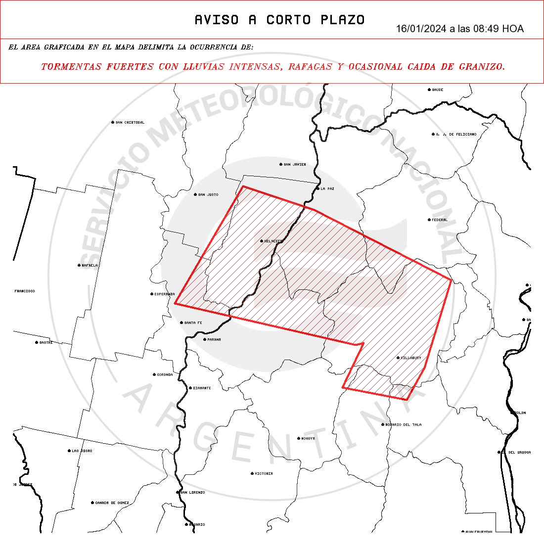 protcivilstafe's tweet photo. ⛈️⚠️Alerta Meteorológico Corto Plazo

Fenómeno: TORMENTAS FUERTES CON LLUVIAS INTENSAS, RAFAGAS Y OCASIONAL CAIDA DE GRANIZO.

Fecha y hora de Emisión: 16-01-2024 a las 08:49:00 hs.

SANTA FE: Garay - La Capital - San Justo.

Fuente @SMN_Argentina https://t.co/XKxCy4wVGK