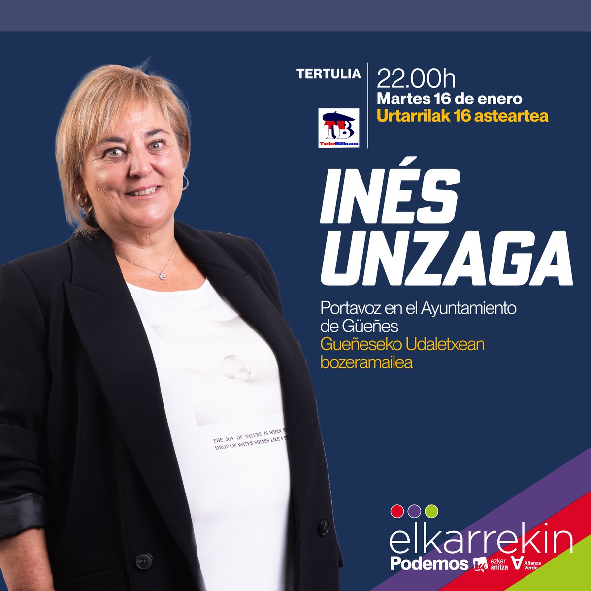 EnkarterriAhalD's tweet photo. 🎥Está noche nuestra concejala en el Ayuntamiento de Güeñes, Inés Unzaga, participa en la tertulia @LaKapitalTB de @TeleBilbao. https://t.co/b4xNTUpOOh
