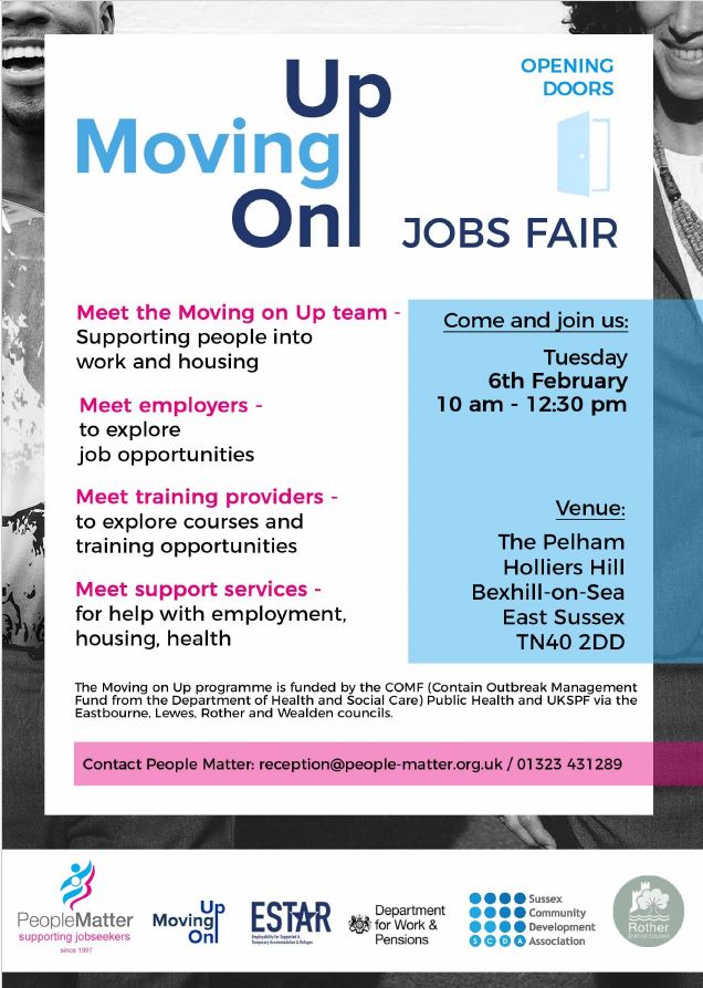 skills_esussex's tweet photo. Come along to the Moving on Up Jobs Fair on Tuesday, the 6th of February, from 10am until 12:30 pm at The Pelham in Bexhill with The People Matter Trust. https://t.co/j41Nk8AtXY