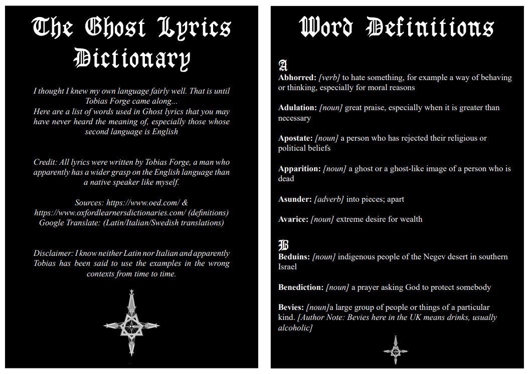 Alva_Ghoul's tweet photo. Anyway, I got bored of Tobias making me pull out a dictionary to look up lyrics so I made my own mini book.

For a guy whose first language is Swedish he knows a hell of a lot of English words that I've never heard of.

PDF Version here: https://t.co/BLmpIHPclR https://t.co/TPosTpFSPj