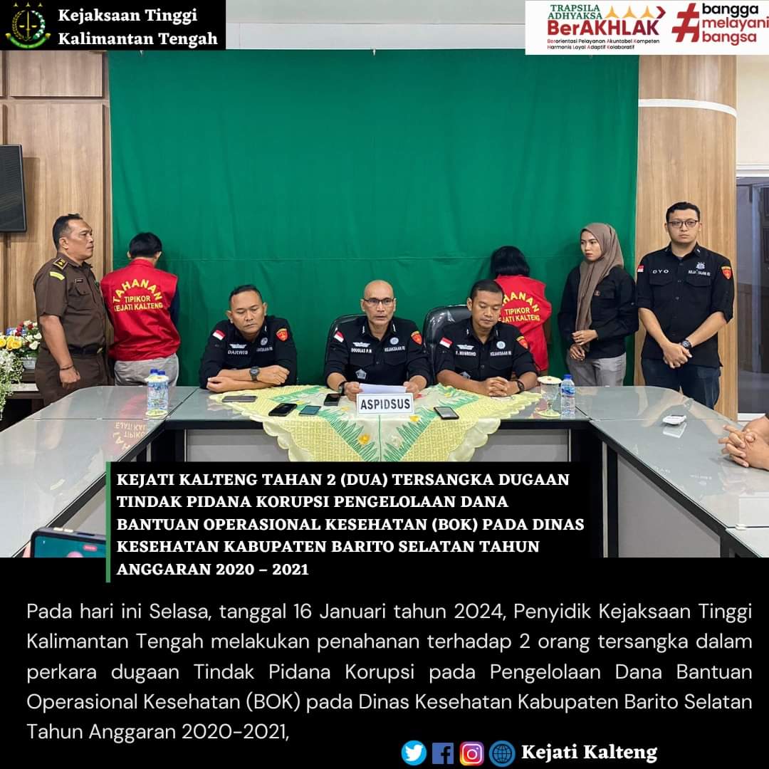 kalteng_kejati's tweet photo. Selasa, 16/12024 Penahanan 2 (dua) tsk dalam perkara dugaan TPK Pengelolaan Dana Bantuan Operasional Kesehatan (BOK) pada Dinas Kesehatan Kab. Barito Selatan TA 2020-2021.
@KejaksaanRI
#KejaksaanRI #kejaksaanri #jamintel #kapuspenkum #puspenkumkejaksaanri #JaksaProfesional https://t.co/Ta83sdya8Y
