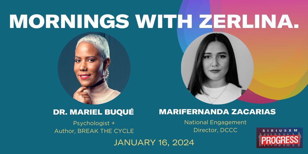 Tuesday tidings! Joining @ZerlinaMaxwell this morning: Psychologist & Author of the new book BREAK THE CYCLE: A Guide to Healing Intergenerational Trauma @drmarielbuque + @dccc Director of National Engagement @MariferZacarias!

📻@SiriusXMProg Ch. 127
siriusxm.us/Zerlina