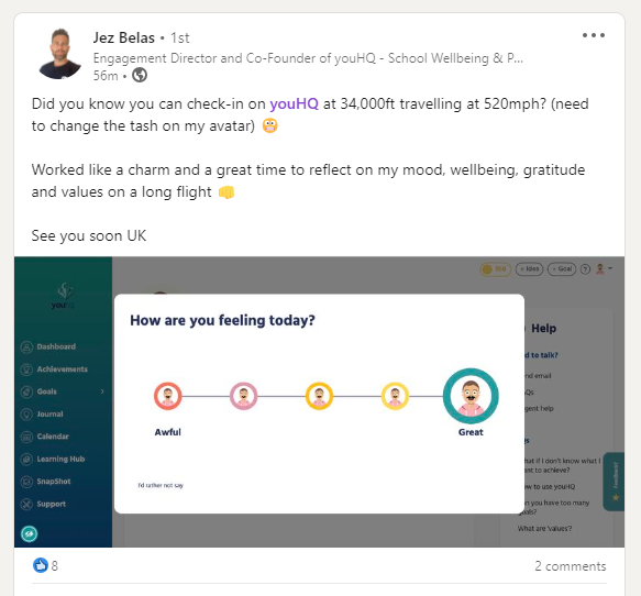 youhqforschools's tweet image. Woah, Jez is taking youHQ to new heights. Literally ✈️

Thanks for a brilliant trip, UAE! Be back soon.

linkedin.com/feed/update/ur…

#collabUAE #edchatMENA #EdTech #Wellbeing #PersonalDevelopment #Goals