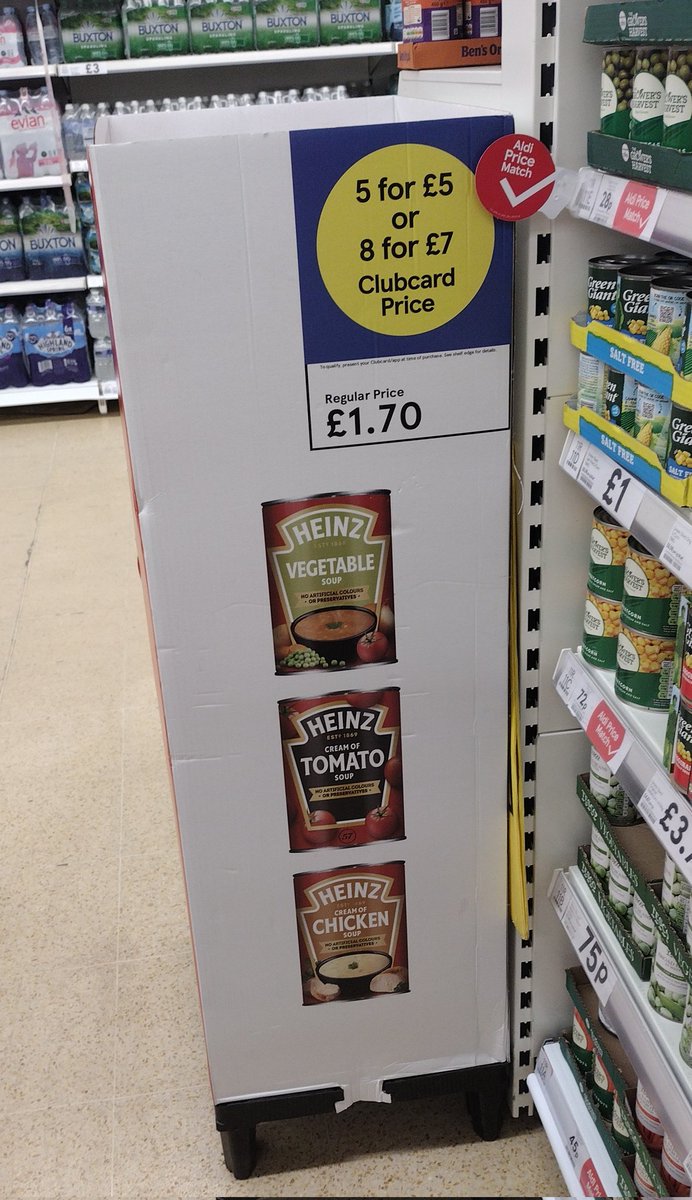 MartinDochert12's tweet photo. My local Tesco today..it's just FUCKING WRONG!. Buy 1 can of soup £1:70, If you buy 8 cans it's 86 pence. The people who need to buy it at a cheaper price will either not be able to carry 8 or can't afford 8. It's the same with milk buying 4or6 pints is much much cheaper than 1. https://t.co/MJmf2Ihgkm