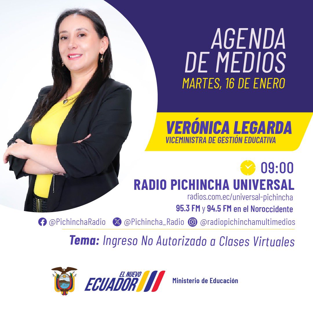 Educacion_Ec's tweet photo. HOY | Te invitamos a seguir la agenda de medios de Verónica Legarda, viceministra de Gestión Educativa.  

📋 Temas: 
✅ Ingreso no autorizado a clases virtuales 

¡Acompáñanos! 📻
 
#ElNuevoEcuador https://t.co/x3MauXUock