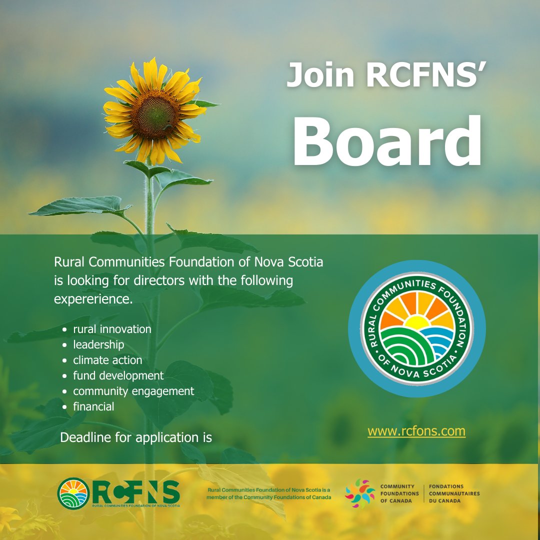 RCFNS is inviting passionate individuals to join our Board of Directors! Starting  April 2024, you could be shaping the future of rural Nova Scotia. Nominate now at rcfofns.com/join-our-board. ! #rcfns