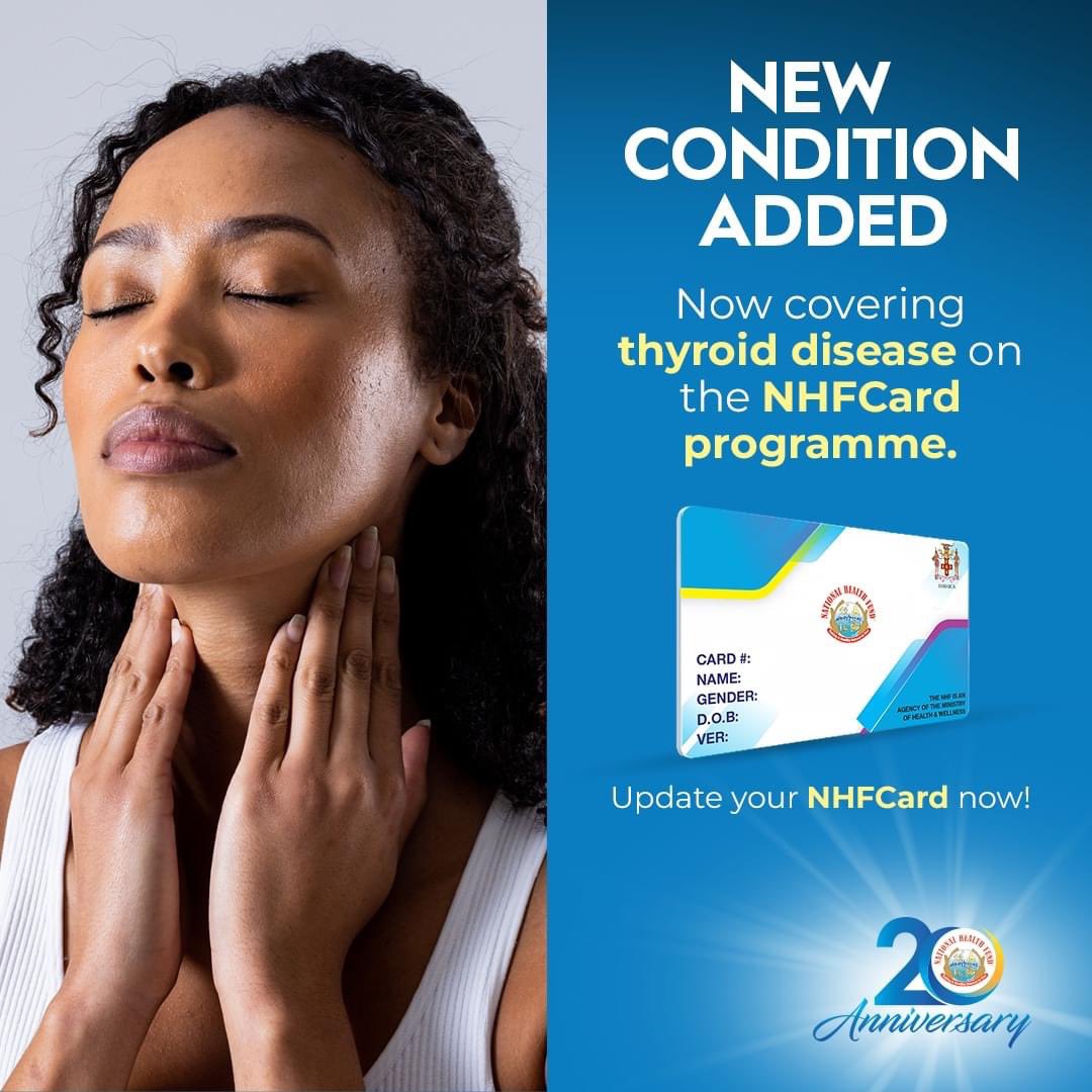 NEW CONDITION ALERT! 📢 We’re now covering Thyroid disease on the NHFCard programme. 🙌🏾

Don’t forget to APPLY for/ UPDATE your NHFCard with new illnesses to access more subsidies. Call us at 876-906-1106 or visit our Customer care centre to do so! 🙌🏽

#NHFHoliday #NHFJamaica