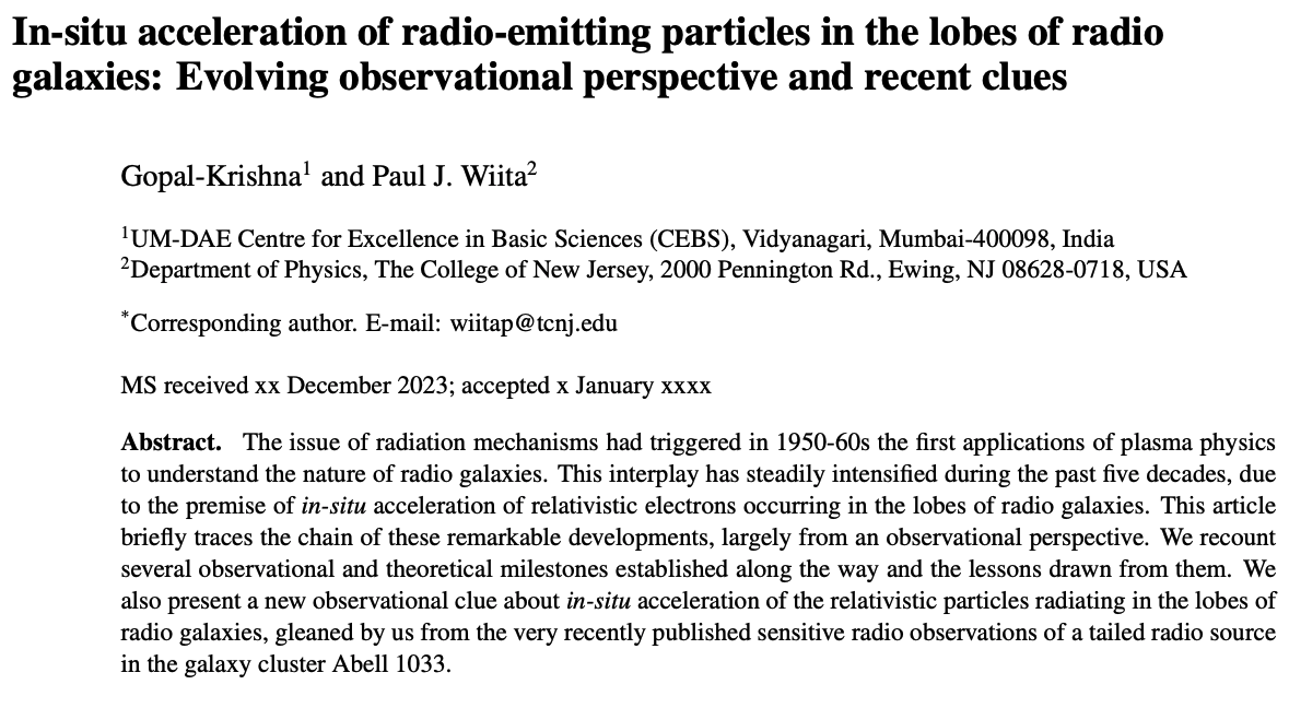 This paper presents a detailed analysis of the developments in understanding in-situ particle acceleration in #radiogalaxies, supported by historical perspectives and recent observational evidence. Imp foundation for science with @SKAO . arxiv.org/pdf/2401.05595…  #RadioAstronomy