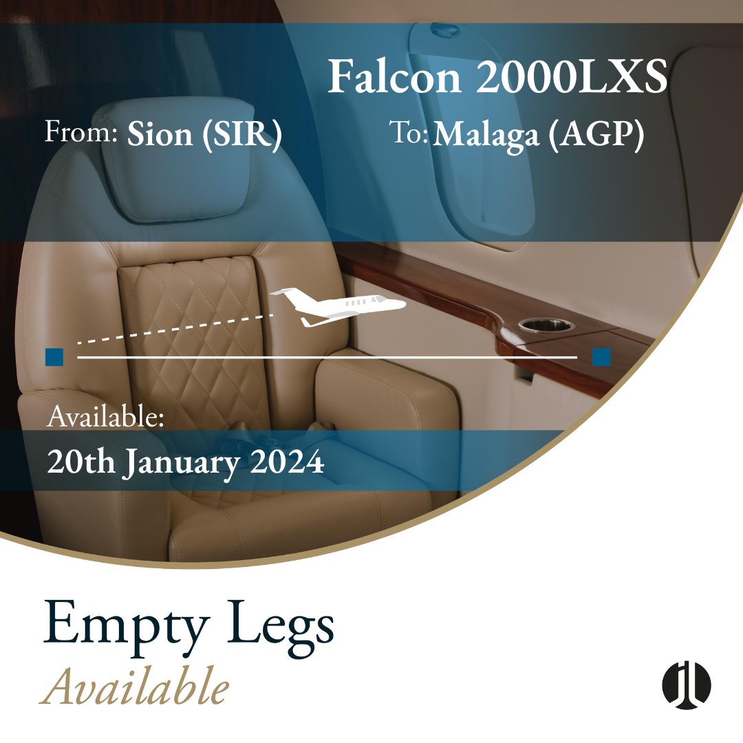 jetlogic's tweet image. EMPTY LEG ALERT. #Sion &amp;gt;&amp;gt;&amp;gt; #Malaga. 20th January 2024. 10 pax. 

Contact @jetlogic to discuss your charter requirements. 

&amp;gt; +44 131 478 0802
&amp;gt; jlcharter@jetlogic.com

#FlyJetlogic #EmptyLeg #PrivateJet
