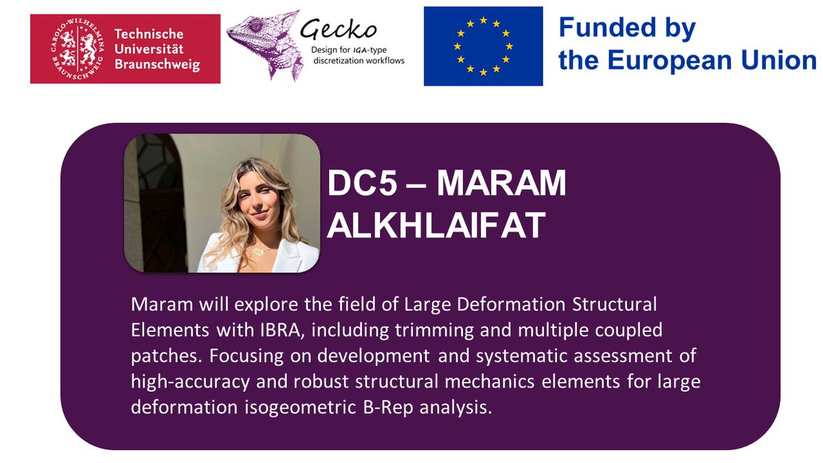 Glad to present today Maram Alkhlaifat, DC5 of the GECKO_EU project!!         

She will explore the field of Large Deformation Structural Elements with IBRA.       

See our web page for more details: gecko.cimne.com 

#university #career #phd #project #research #HEU