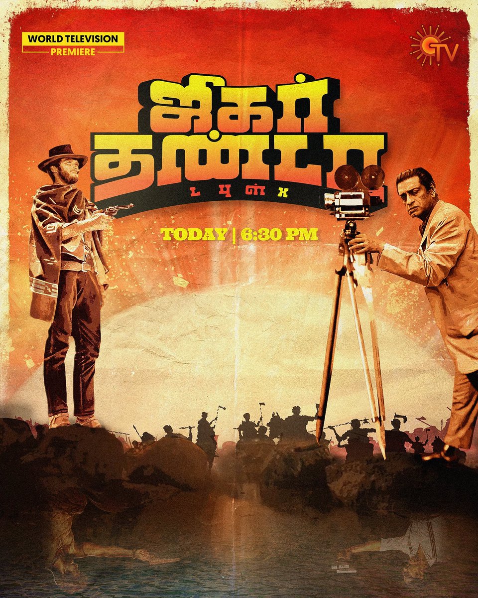 karthiksubbaraj's tweet photo. Loved this Poster 👌👌❤️❤️

#JigarthandaDoubleX World Television Premiere @SunTV today 6:30 pm https://t.co/xLxblzro1J