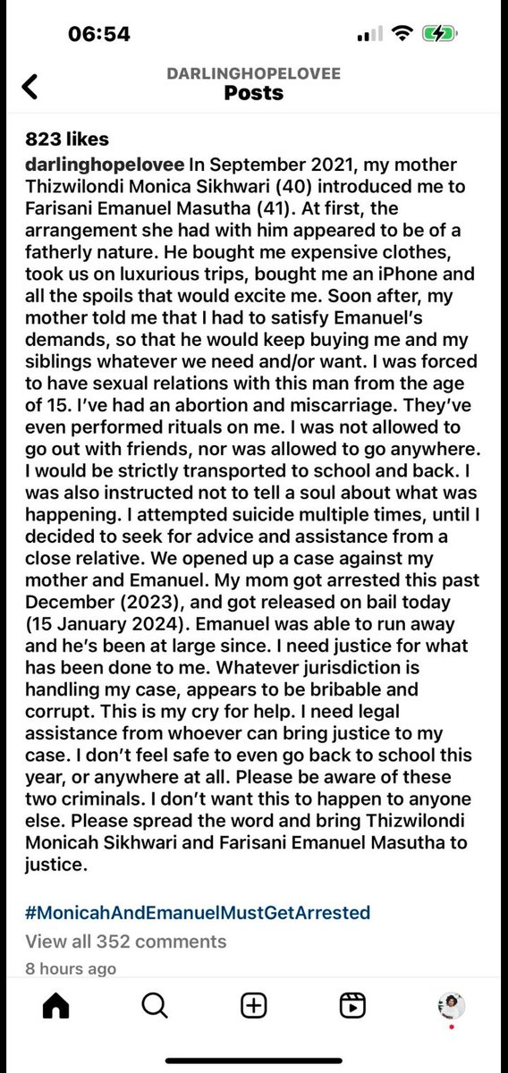 MDNnewss's tweet photo. There’s a child on instagram by the name of Zwivhuya alleging that her mother Thizwilondi Monica Sikhwari has been pimping her out to a man by the name of Farisani Emanuel Masutha since 2021. He’s on the run as we speak . 

REPOST SO THAT SHE CAN GET HELP.🙏 https://t.co/Yxn3xVptuf