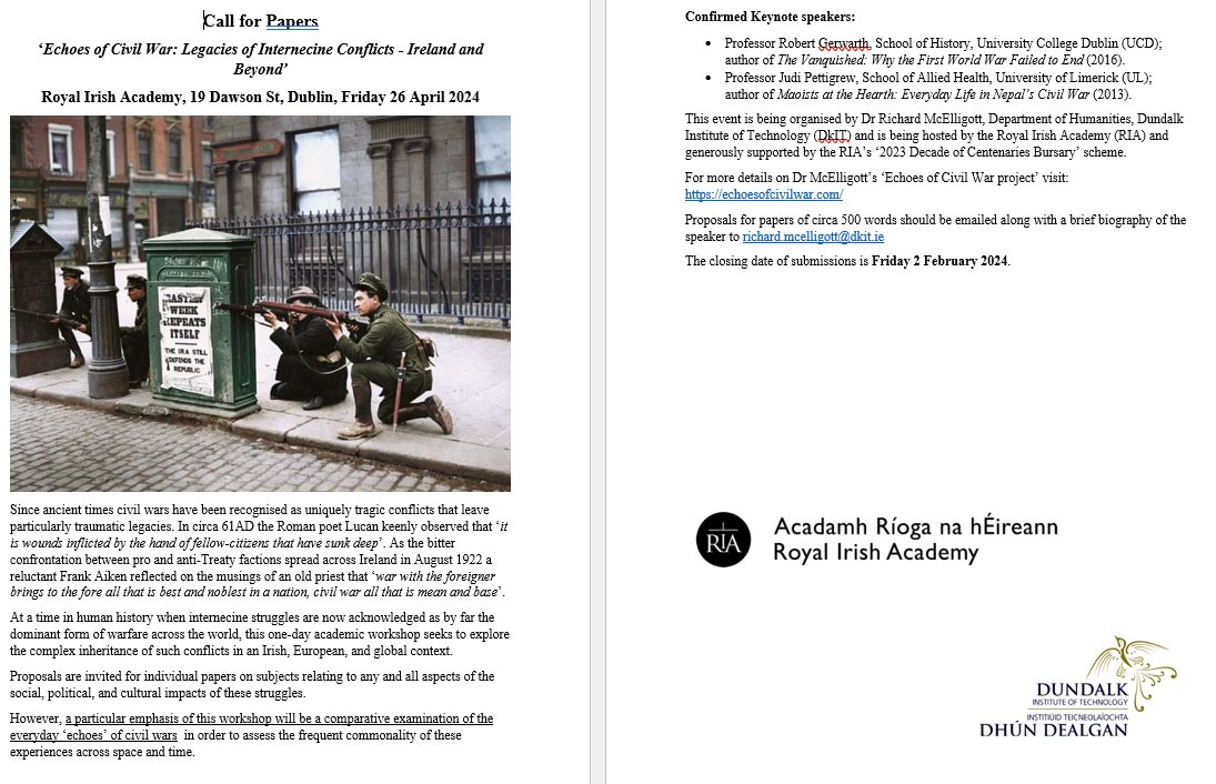 Richard McElligott (@richardmcell) on Twitter photo ⚠️Reminder that deadline is coming up for the call for papers for my 1 Day Workshop on the 'Everyday Legacies of Civil War' hosted <a href="/RIAdawson/">Royal Irish Academy</a>
as part of my #echoesofwar project. Closing date for submissions 2 Feb 2024 <a href="/Centenaries/">Centenaries@HistIrl</a> <a href="/DkIT_ie/">DkIT</a>
#irishcivilwar ⚠️Reminder that deadline is coming up for the call for papers for my 1 Day Workshop on the 'Everyday Legacies of Civil War' hosted <a href="/RIAdawson/">Royal Irish Academy</a>
as part of my #echoesofwar project. Closing date for submissions 2 Feb 2024 <a href="/Centenaries/">Centenaries@HistIrl</a> <a href="/DkIT_ie/">DkIT</a>
#irishcivilwar