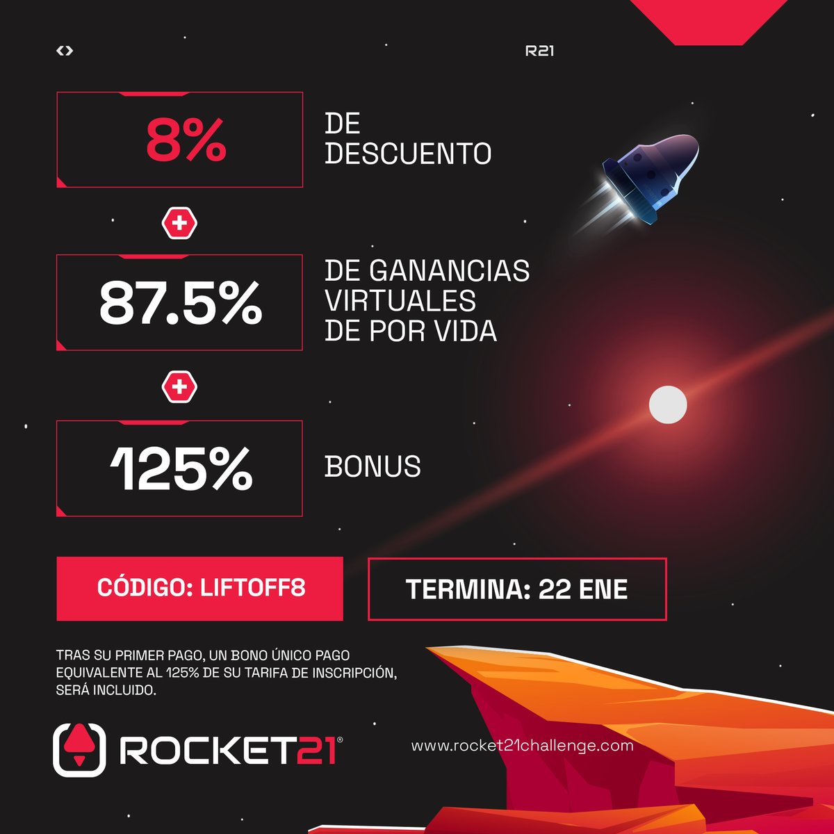 🔥Embark on a cosmic journey with Liftoff8!  🚀Get an 8% discount + 87.5% lifetime virtual profits + 125% bonus with code Liftoff8. Join by January 22nd for financial prosperity in the cosmos. Ready for success? ✨Register:
dashboard.rocket21challenge.com/purchasechalle… #StellarVenture #CosmicAdventure