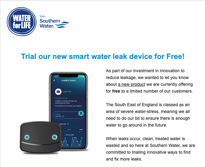 foster_ideas's tweet photo. Great to see water companies starting to make moves to help UK homes become more water efficient using @LeakBot_HQ. @SouthernWater leading the way with their recent campaigns! #ONDO https://t.co/Nx92hp8ooB