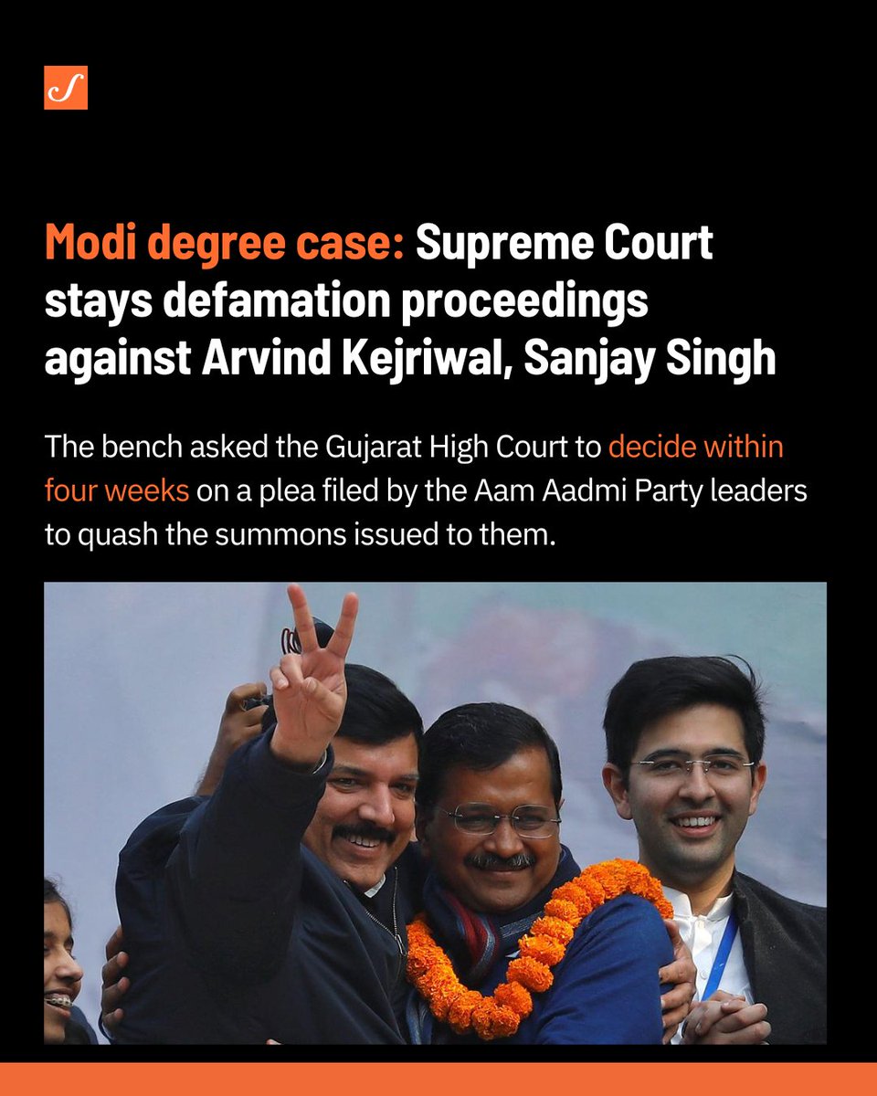 scroll_in's tweet photo. A bench of Justices B R Gavai and Sandeep Mehta granted the stay for four weeks while hearing Singh’s petition seeking the transfer of the case to a trial court outside Gujarat.
https://t.co/4elFNms4Nm
#Arvindkejriwal #ModiDegreeCase #GujaratHighCourt https://t.co/Yo7uWmtBMA