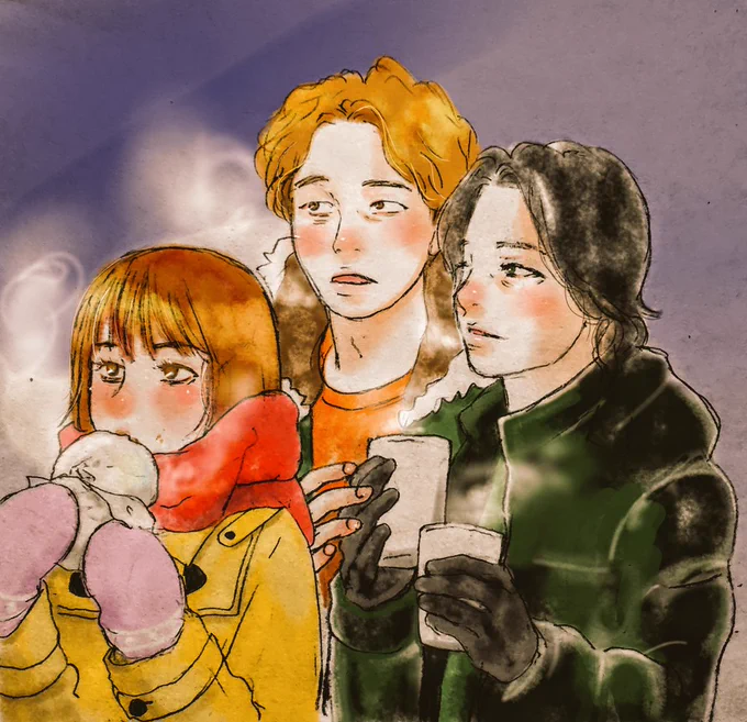 なんか今頃大晦日みたいな絵ですが、冬のもこもこの防寒具来てあったかいもの口にしながら3人でお出かけしてほし～…みたいな… どういう世界線なんだこれは (そしてルリ子さんには美味しいものたべてほしい)