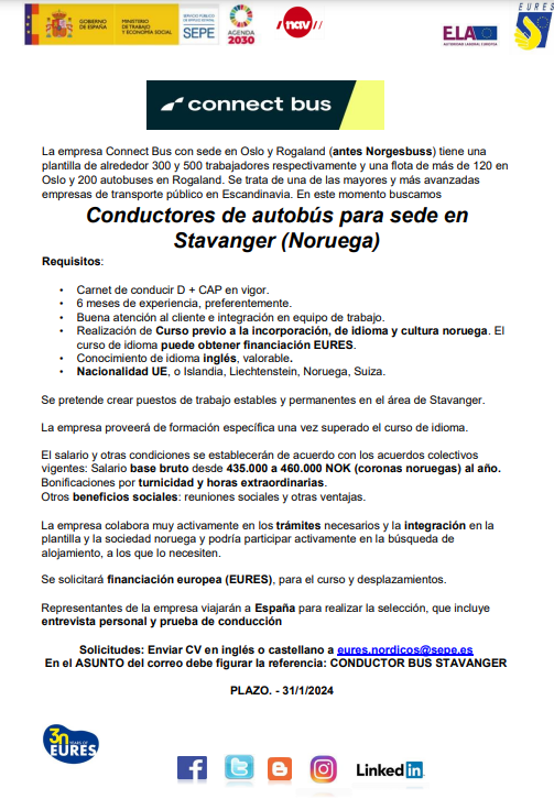 GVAlabora's tweet photo. 💼#Noruega a través de la Red #Eures está difundiendo un proceso de reclutamiento para la empresa #ConnectBus 
👩🏻‍✈️🧑🏻‍✈️Personal conducción de autobús🚌

📩Enviar CV en inglés o castellano a eures.nordicos@sepe.es
ℹ Más info: https://t.co/YsldYX0NT5
🗓Límite candidaturas: 31/01

⬇️⬇️ https://t.co/LxJ1xNr26E