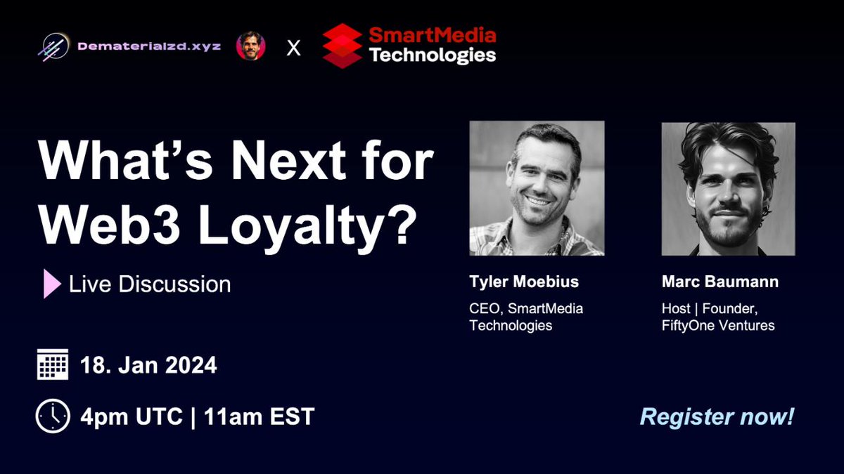 📢Set up your reminder Web3 Community! This is a discussion you don't want to miss ⬇️ Join us on LinkedIn for a Live session where our CEO, @tylermaybeus, will engage in an insightful conversation with @marcb_xyz on the Future of Web3 Loyalty and the new Visa Web3 loyalty